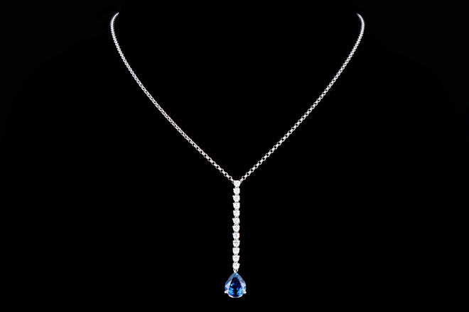 18K White Gold 3.15 Carat Oval Natural No Heat Thai Sapphire & Diamond Pendant Necklace - Queen May