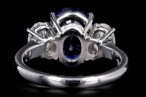 Handmade Platinum 5.04 Carat Oval Royal Blue Ceylon Natural Sapphire & Oval Diamond Three Stone Ring - Queen May
