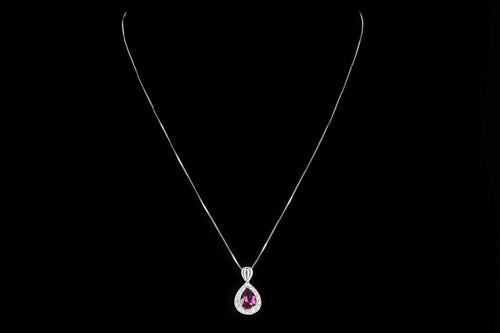 14K White Gold 1 Carat Pear Rubellite Tourmaline & Diamond Halo Pendant Necklace - Queen May
