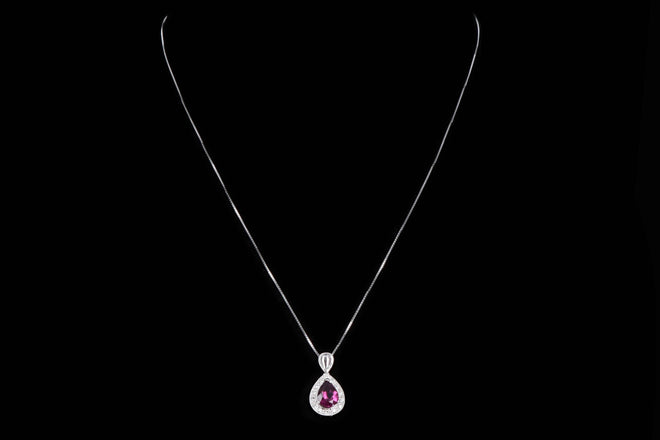 14K White Gold 1 Carat Pear Rubellite Tourmaline & Diamond Halo Pendant Necklace - Queen May