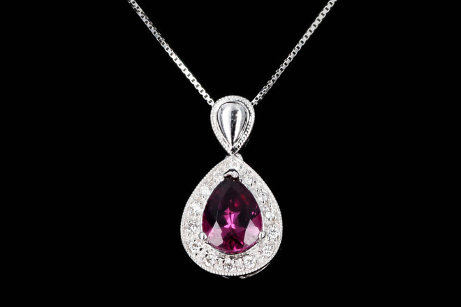 14K White Gold 1 Carat Pear Rubellite Tourmaline & Diamond Halo Pendant Necklace - Queen May