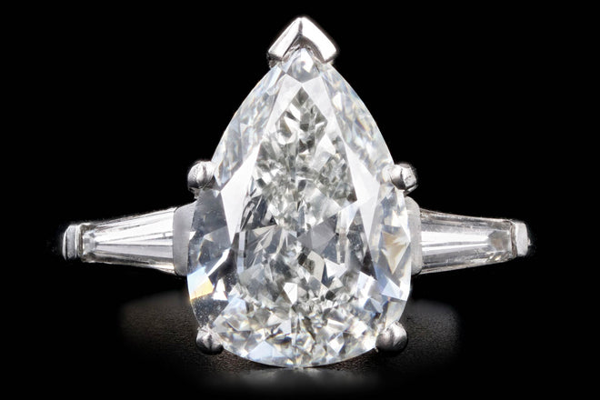 Platinum 4.03 Carat Pear Diamond Three Stone Baguette Engagement Ring GIA Certified - Queen May