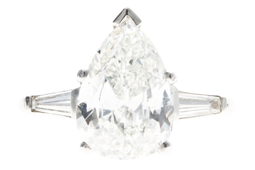 Platinum 4.03 Carat Pear Diamond Three Stone Baguette Engagement Ring GIA Certified - Queen May