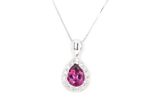 14K White Gold 1 Carat Pear Rubellite Tourmaline & Diamond Halo Pendant Necklace - Queen May