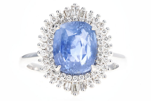 Platinum 5.12 Carat Cushion Cut Natural No Heat Sapphire & Diamond Baguette Fan Ring GIA Certified - Queen May