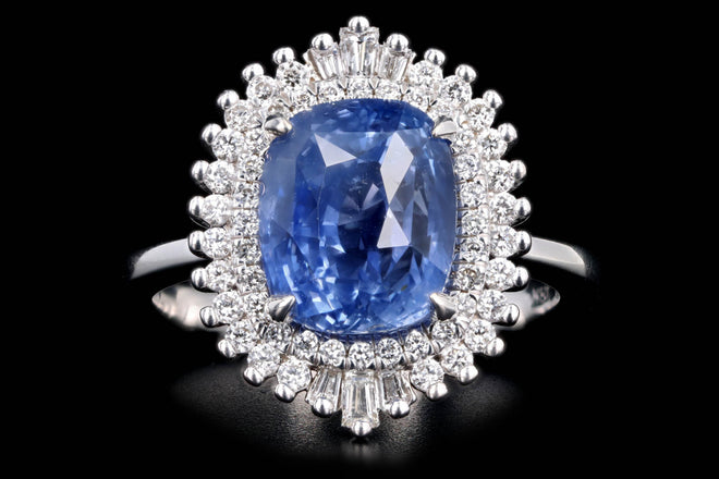 Platinum 5.12 Carat Cushion Cut Natural No Heat Sapphire & Diamond Baguette Fan Ring GIA Certified - Queen May