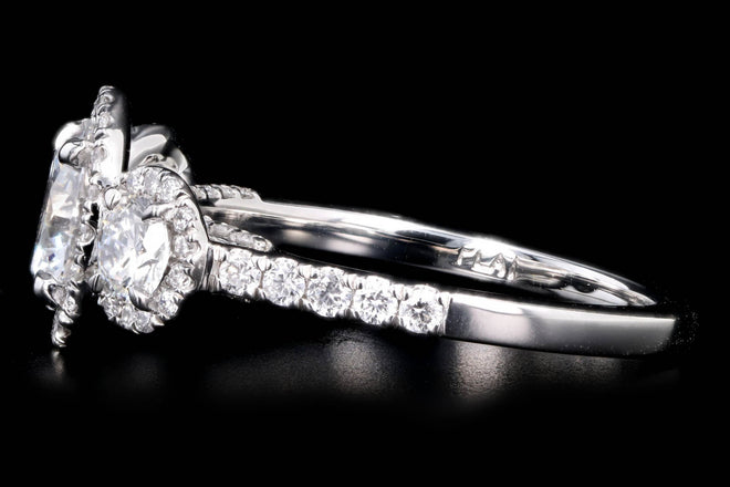 Platinum 1.20 Carat Round Brilliant Diamond Three Stone Halo Engagement Ring GIA Certified - Queen May