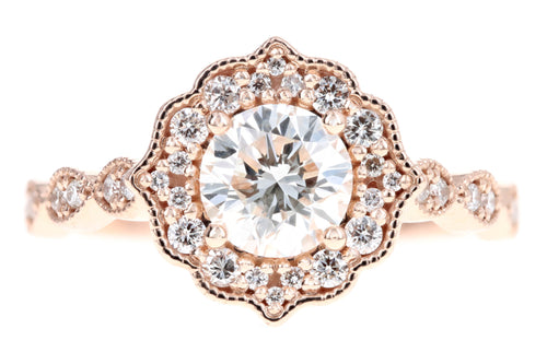 14K Rose Gold 1.02 Carat Round Brilliant Diamond Scalloped Halo Engagement Ring GIA Certified - Queen May