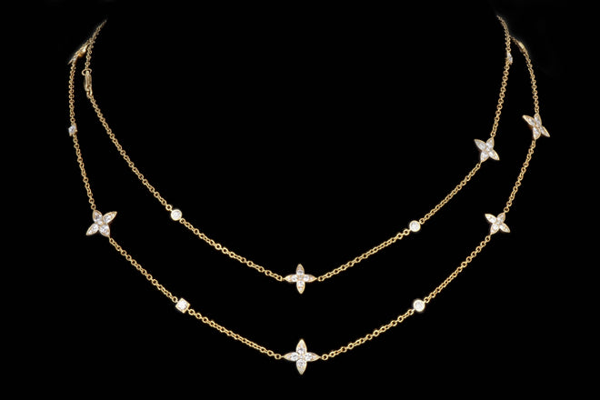 18K Yellow Gold 2.75 Carat Total Weight Diamond Flower Station Long Necklace - Queen May