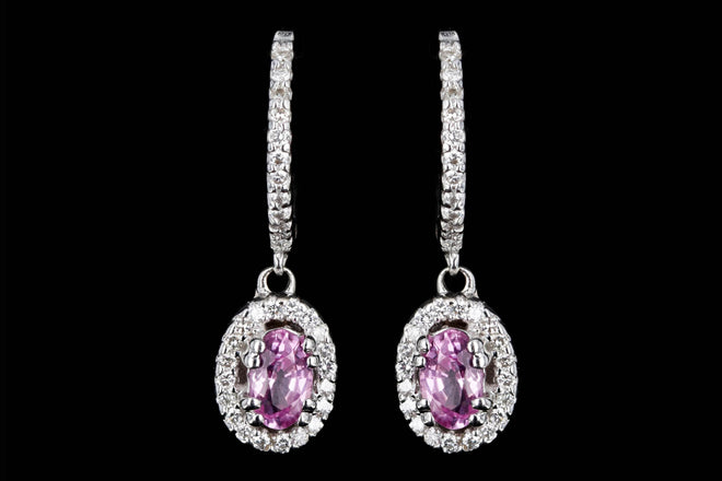 18K White Gold Oval Natural Pink Sapphire & Diamond Halo Drop Earrings - Queen May