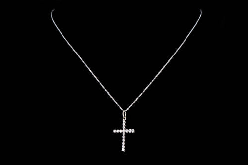 14K White Gold 0.25 Carat Total Weight Round Diamond Cross Pendant Necklace - Queen May