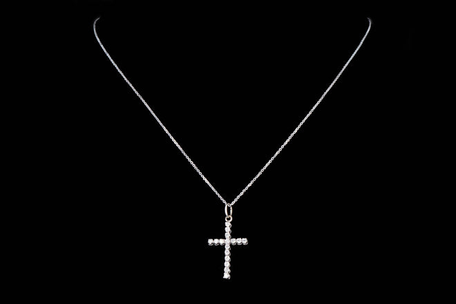 14K White Gold 0.25 Carat Total Weight Round Diamond Cross Pendant Necklace - Queen May