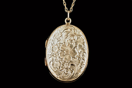 Art Deco 14K Yellow Gold Floral Engraved Pendant Necklace - Queen May
