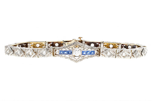 Art Deco 18K & Platinum Old European Cut Diamond & Natural Sapphire Filigree Bracelet - Queen May