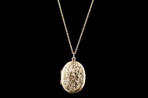 Art Deco 14K Yellow Gold Floral Engraved Pendant Necklace - Queen May
