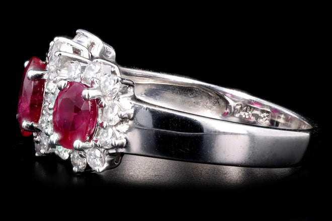 14K White Gold Oval Natural Ruby & Diamond Halo Three Stone Band - Queen May