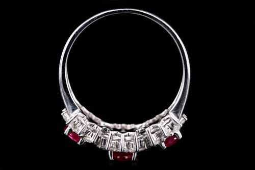 14K White Gold Oval Natural Ruby & Diamond Halo Three Stone Band - Queen May