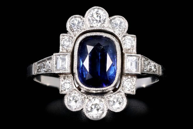 Art Deco Inspired Platinum 1.16 Carat Cushion Cut Natural Sapphire & Diamond Graduated Halo Ring - Queen May