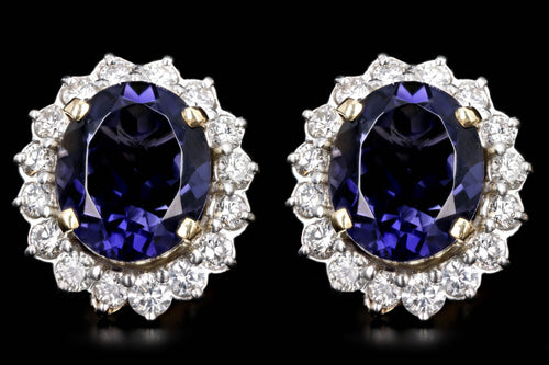 18K Yellow Gold Platinum 10 Carat Total Weight Oval Tanzanite & Diamond Halo Stud Earrings - Queen May