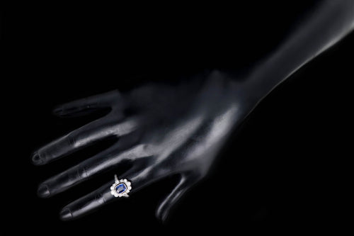 Art Deco Inspired Platinum 1.16 Carat Cushion Cut Natural Sapphire & Diamond Graduated Halo Ring - Queen May