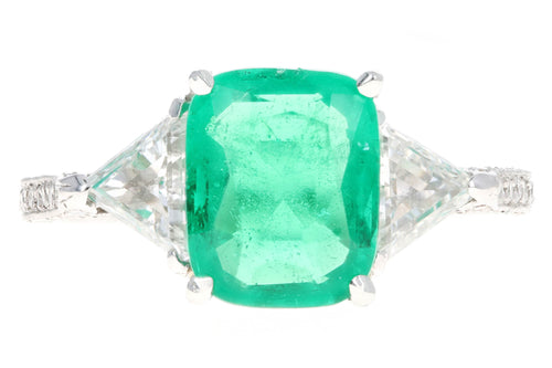 Platinum 1.99 Carat Natural Emerald & Trillion Cut Diamond Ring - Queen May