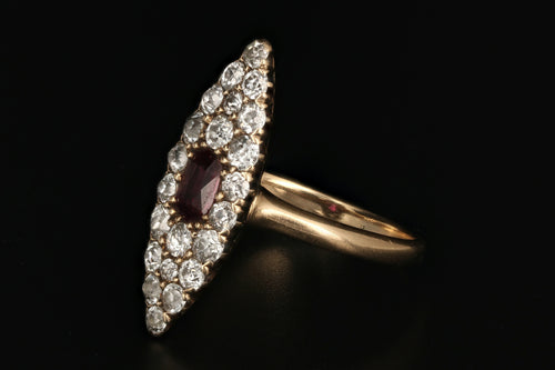 Victorian 14K Gold .30 Carat Ruby and Old European Diamond Navette Ring - Queen May