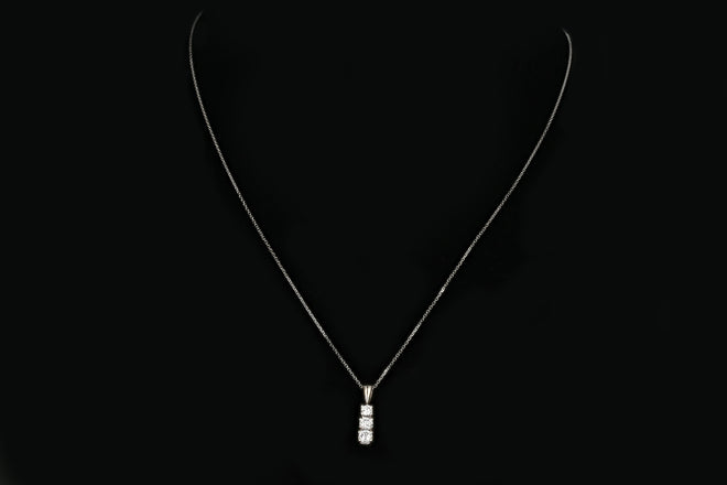 14K White Gold .25 Carat 3 Stone Diamond Pendant Necklace - Queen May