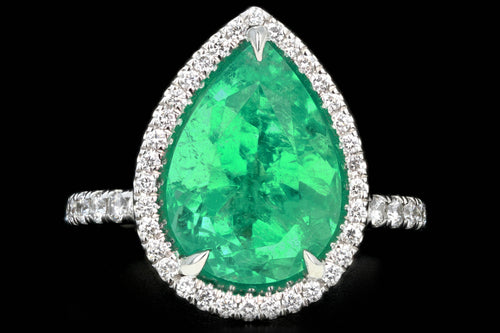 New Platinum 5 Carat Colombian Pear Cut Emerald Diamond Halo Ring - Queen May