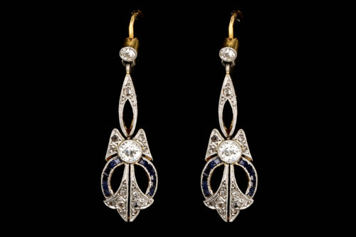 Edwardian French 18K Yellow Gold & Platinum Diamond and Sapphire Earrings - Queen May