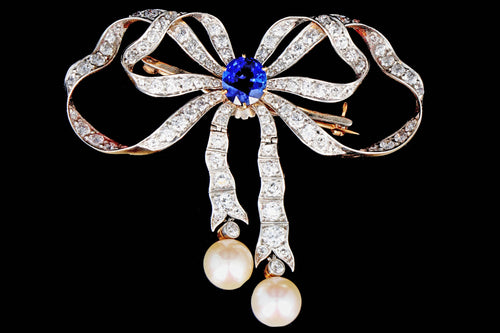Edwardian Platinum on Yellow Gold 2.65 Carat Sapphire, Diamond, and Pearl Brooch - Queen May