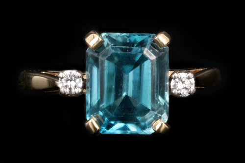 Modern 14K Yellow Gold 5 CT Emerald Cut Blue Zircon and Diamond Ring - Queen May