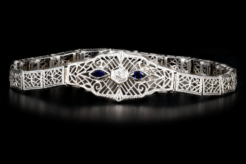 Art Deco 10K White Gold Sapphire and Diamond Filigree Bracelet - Queen May