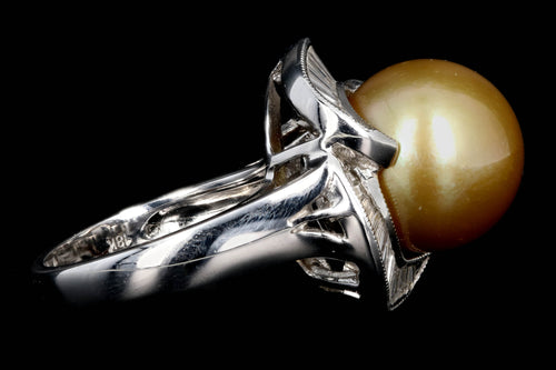 Modern 18K White Gold 13 MM Golden South Sea Pearl and Diamond Ring - Queen May