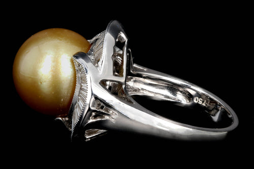 Modern 18K White Gold 13 MM Golden South Sea Pearl and Diamond Ring - Queen May