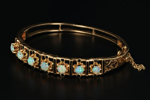 Retro Victorian Revival 14K Yellow 2 Carat Opal and Black Enamel Bracelet - Queen May