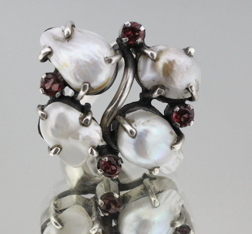 Chunky Sterling Silver and Large Baroque Pearl & Garnet Custom Made Ring - Queen May