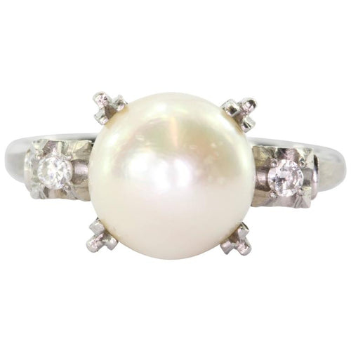 Antique Art Deco Platinum 8.8mm Pearl & Diamond Engagement Ring Circa 1940's - Queen May