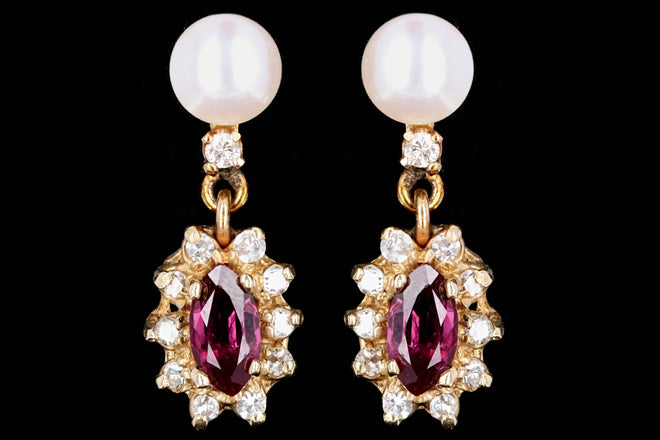 Vintage 14K Yellow Gold Ruby Diamond Halo Pearl Earrings - Queen May