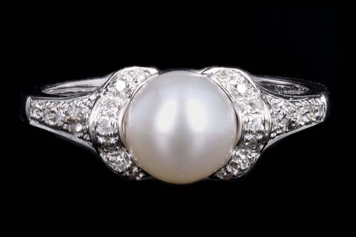 Modern 14K White Gold 7.70mm Cultured Pearl & Diamond Ring - Queen May