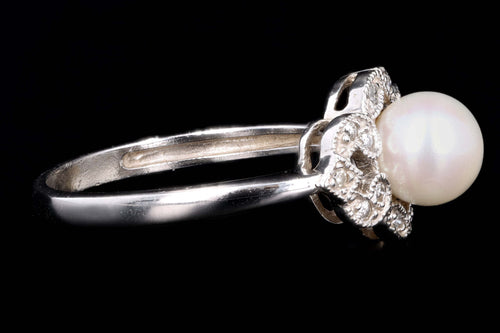 Modern 14K White Gold 6.85mm Pearl & Diamond Ring - Queen May