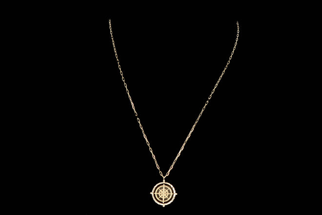 New 14K Yellow Gold Compass Medallion Pendant Paperclip Necklace - Queen May