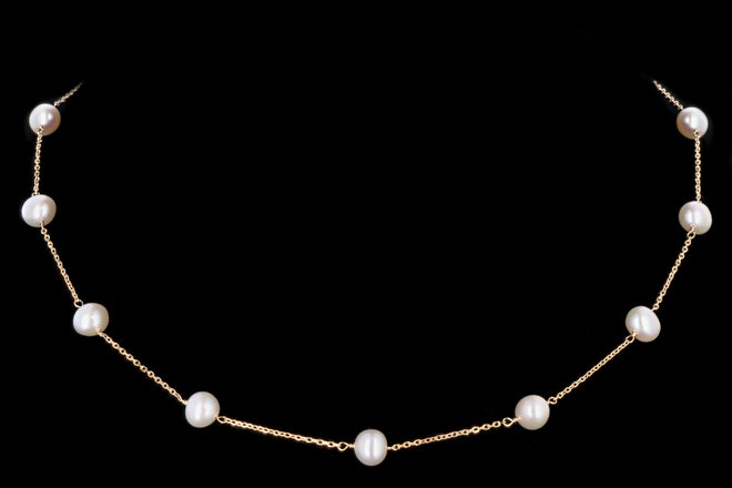 14K Yellow or White Gold Freshwater Cultured Pearl Station Necklace - Queen May