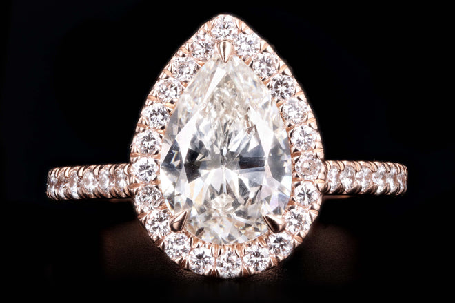 14K Rose Gold 2.10 Pear Brilliant Cut Diamond Halo Engagement Ring GIA Certified - Queen May