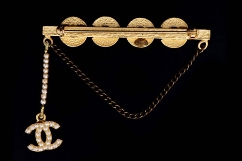 Modern Chanel "COCO" Pearl A Gold Bar Brooch  with Chain and Charm - Queen May