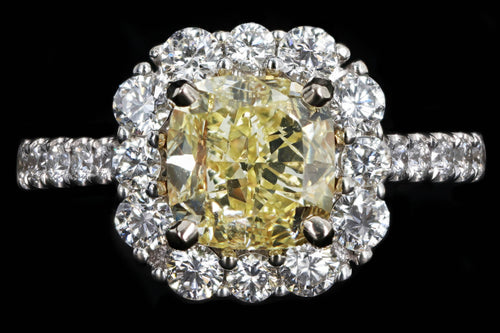 Modern 18K White Gold 2.01 Carat Fancy Yellow Cushion Cut Diamond Halo Engagement Ring GIA Certified - Queen May