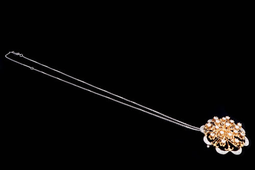 Retro 14K Gold 1.5 Carat Round Brilliant Diamond Flower Pin Conversion Pendant Necklace - Queen May