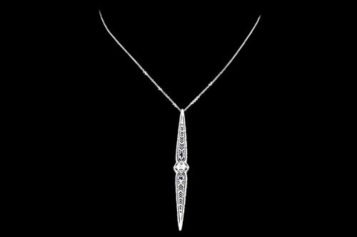 Art Deco 14K White Gold .02 Carat Diamond & Synthetic Sapphire Bar Pin Conversion Pendant Necklace - Queen May