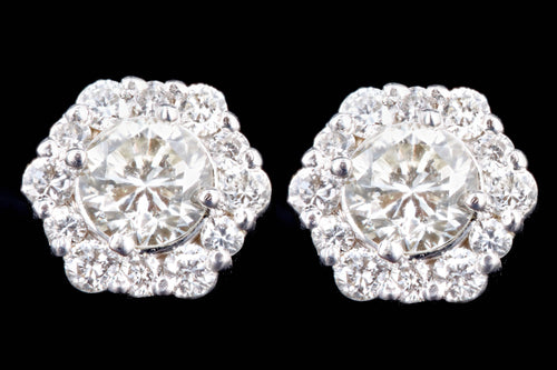 New 14K White Gold .84 Carat Round Brilliant Diamond Halo Stud Earrings - Queen May