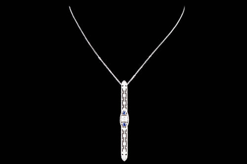 Art Deco 14K White Gold Diamond & Synthetic Sapphire Bar Pin Conversion Pendant Necklace - Queen May