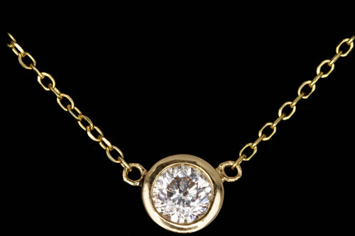 New 14K Gold .16 Carat Round Brilliant Diamond Bezel Set Pendant Necklace - Queen May